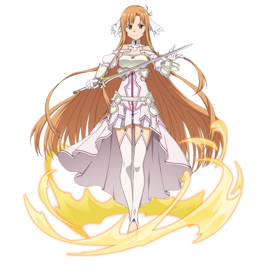 armor armored_dress asuna_(sao) asuna_(stacia) asymmetrical_bangs bare_shoulders bracelet breastplate breasts brown_eyes brown_hair cleavage closed_mouth detached_collar detached_sleeves dress energy faulds female floating_hair frown full_body garter_straps gloves glowing hair_ornament highres holding holding_sword holding_weapon jewelry long_hair long_sleeves looking_at_viewer magic medium_breasts non-web_source official_art pleated_dress radiant_light rapier short_dress sleeveless sleeveless_dress solo standing sword sword_art_online sword_art_online:_alicization sword_art_online:_alicization_-_war_of_underworld sword_art_online:_code_register thighhighs thighs transparent_background unsheathed very_long_hair weapon white_armor white_dress white_gloves white_sleeves white_thighhighs