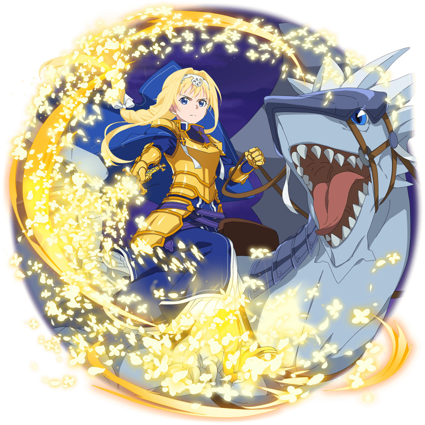 alice_zuberg amayori_(sao) armor armored_boots armored_dress blonde_hair blue_cape blue_dress blue_eyes boots bow braid braided_ponytail breastplate cape closed_mouth dragon dragon_horns dragon_riding dress energy energy_sword female floating_hair frown gauntlets glowing glowing_sword glowing_weapon gold_armor hair_intakes hairband hairbow highres hip_armor holding holding_reins holding_sword holding_weapon horns knight long_dress long_hair looking_at_viewer magic non-web_source official_art osmanthus_blade reins riding sharp_teeth shoulder_armor sidelocks slit_pupils solo sword sword_art_online sword_art_online:_alicization sword_art_online:_code_register teeth transparent_background unsheathed v-shaped_eyebrows very_long_hair weapon western_dragon white_bow white_hairband yellow_footwear