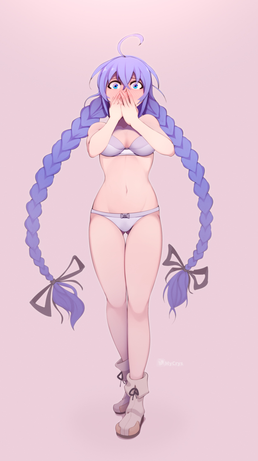 absurdres ahoge ass_visible_through_thighs black_ribbon blue_eyes blush boots bra braid breasts commentary covering_own_mouth crossed_bangs english_commentary female full_body hair_between_eyes hair_ribbon hands_up highres long_hair looking_at_viewer mushoku_tensei mycrys navel panties purple_bra purple_hair purple_panties ribbon roxy_migurdia small_breasts solo stomach swept_bangs thigh_gap twin_braids underwear very_long_hair