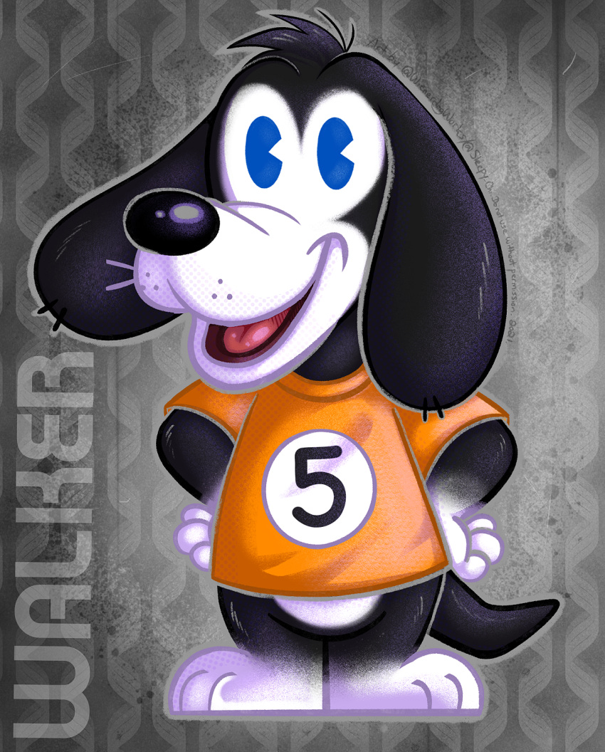 2022 animal_crossing anthro biped black_body black_ears black_nose black_tail blue_eyes bottomless canid canine canis clothed clothing digital_drawing_(artwork) digital_media_(artwork) domestic_dog full-length_portrait hi_res male mammal markings multicolored_body nintendo open_mouth orange_clothing orange_shirt orange_topwear pawpads pie_cut_eyes portrait retro shirt smile solo standing tail tongue toony topwear two_tone_body walker_(animal_crossing) white_body wienerdogworks