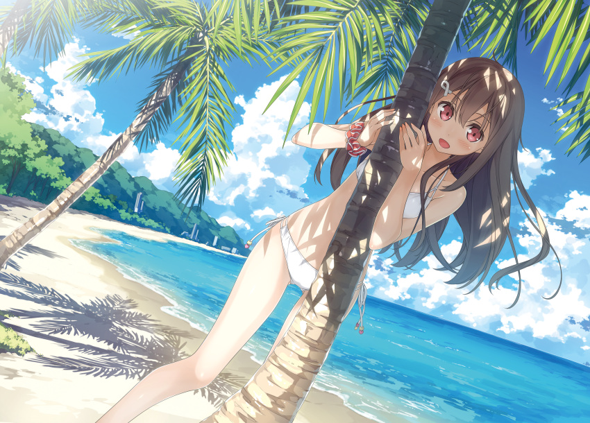 beach bikini blush brown_hair cube kantoku koi_suru_kanojo_no_bukiyou_na_butai landscape red_eyes scenic swimsuit togawa_mayuu tree water wristwear