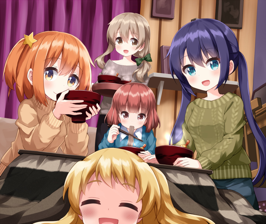 5girls black_pants blonde_hair blue_eyes blue_hair blush bowl brown_eyes brown_hair chopsticks closed_eyes closed_mouth eating food green_sweater grey_sweater hair_between_eyes hair_ornament highres holding holding_bowl holding_chopsticks inose_mai koisuru_asteroid konohata_mira kotatsu light_brown_hair long_hair long_sleeves manaka_ao morino_mari multiple_girls noodles open_mouth orange_eyes orange_hair pants ruu_(tksymkw) sakurai_mikage short_hair smile soba star_(symbol) star_hair_ornament sweater table twintails