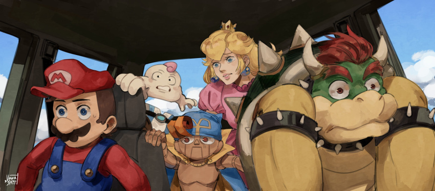 absurd_res animate_inanimate anthro big_hero_6 bowser car car_interior clothed clothing digital_media_(artwork) disney female geno_(mario) group hair hat headgear headwear hi_res human inside_car male mallow_(mario) mammal mario mario_bros nimbus_(mario) nintendo princess_peach scalie shocked simple_background super_mario_rpg_legend_of_the_seven_stars vanasplity vehicle