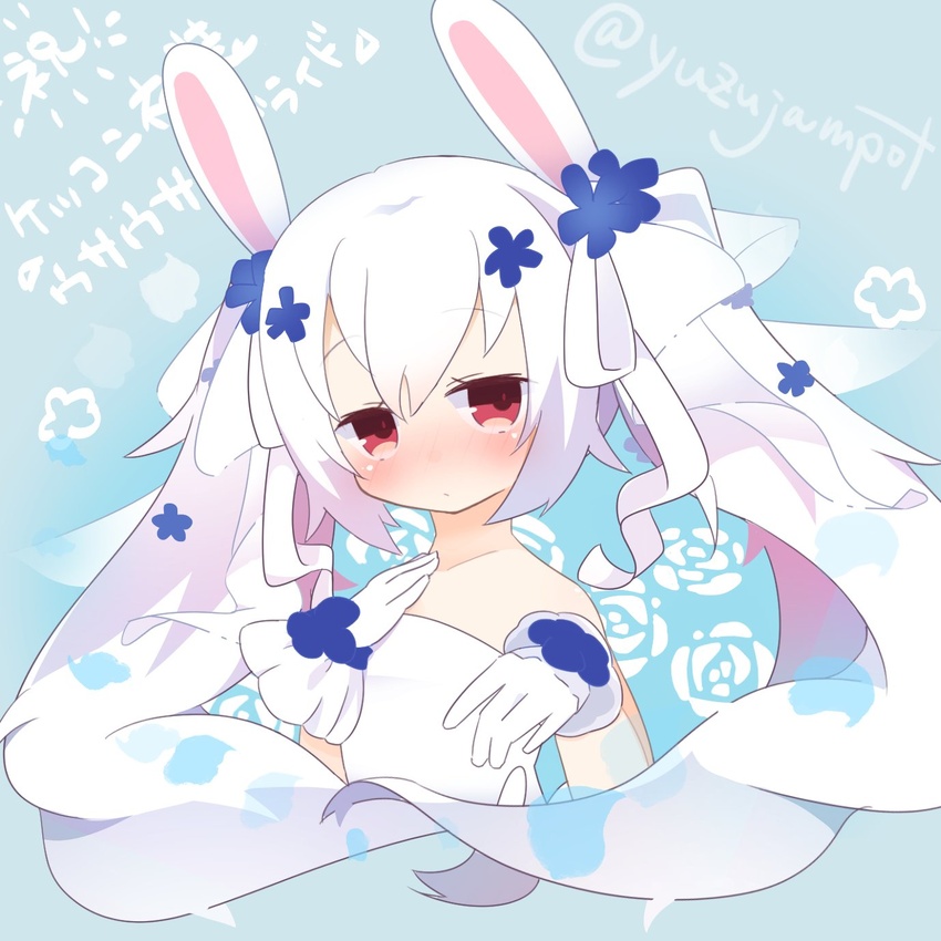 animal_ears azur_lane bare_shoulders blush commentary_request dress female flat_chest floral_background floral_print flower gloves highres laffey_(azur_lane) laffey_(white_rabbit's_oath)_(azur_lane) long_hair official_alternate_costume rabbit_ears red_eyes rose_print simple_background strapless strapless_dress twintails white_dress white_gloves white_hair yuzujampot