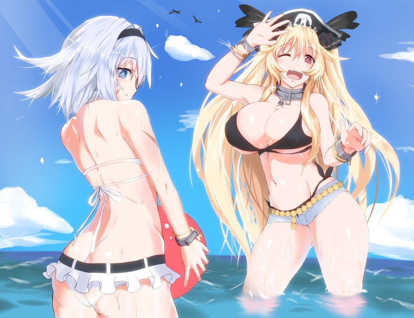 2girls anne_bonny_(fate) anne_bonny_(swimsuit_archer)_(fate) anne_bonny_(swimsuit_archer)_(first_ascension)_(fate) ass back bare_shoulders beach_volleyball bikini black_bikini black_headwear blonde_hair blue_eyes breasts butt_crack cloud cloudy_sky collar commentary_request day fate/grand_order fate_(series) hat highres large_breasts long_hair mary_read_(fate) mary_read_(swimsuit_archer)_(fate) mary_read_(swimsuit_archer)_(first_ascension)_(fate) multiple_girls one_eye_closed outdoors pirate pirate_hat red_eyes scar scar_on_arm scar_on_face shiwabuki_(guillotine_devil) short_hair short_shorts shorts skull_and_crossbones sky swimsuit very_long_hair wading wet white_bikini white_hair