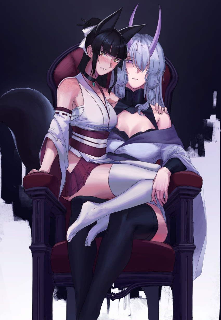 2girls animal_ear_fluff animal_ears arm_around_shoulder black_background black_choker black_hair black_thighhighs blunt_bangs blush breasts choker commission dangodes detached_sleeves english_commentary fox_ears fox_girl fox_tail hair_over_one_eye highres horns japanese_clothes kawakami_miyuki kawashima_misato kimono long_hair looking_at_viewer medium_breasts multiple_girls nose_blush off_shoulder original parted_lips purple_eyes sarashi sidelocks sitting sitting_on_lap sitting_on_person strike_witches_1991 tail thighhighs thighs white_kimono white_thighhighs world_witches_series yuri