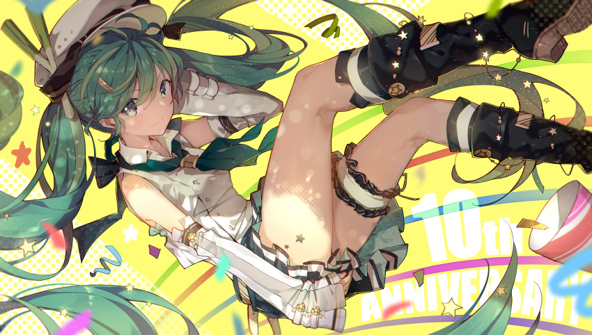 absurdres anniversary boots bridal_garter commentary_request detached_sleeves female floating_hair green_eyes green_hair hat hatsune_miku highres linfi-muu long_hair looking_at_viewer revision skirt solo spring_onion star_(symbol) twintails very_long_hair vocaloid yellow_background