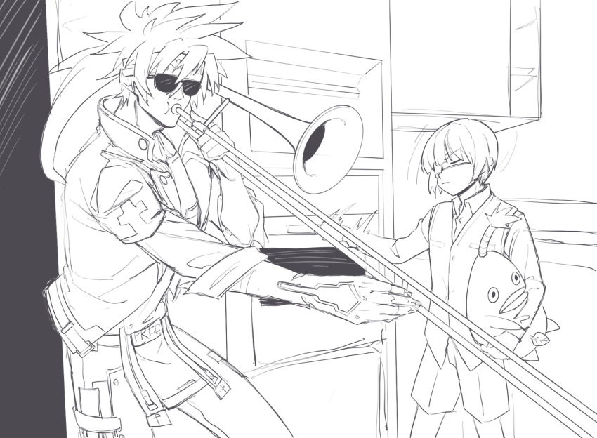 2boys commentary_request eyepatch grandfather_and_grandson guilty_gear guilty_gear_2 highres instrument kitchen kuangren_k line_art male_focus meme multiple_boys music oven playing_instrument shorts sin_kiske sol_badguy spiked_hair stuffed_toy sunglasses trombone when_mama_isn't_home_(meme)