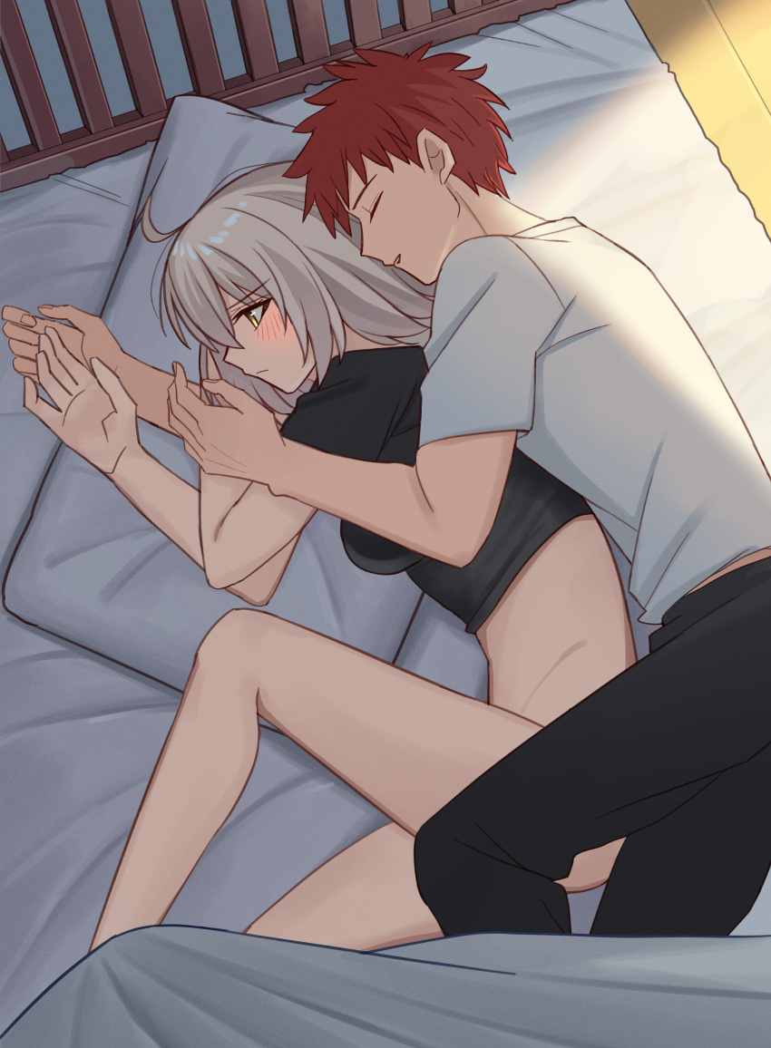 absurdres ahoge artist_request bed bed_sheet bedroom blush breasts emiya_shirou fate/grand_order fate/stay_night fate_(series) female fur_trim grey_hair headpiece highres igote indoors jeanne_d'arc_alter_(avenger)_(fate) jeanne_d'arc_alter_(fate) long_hair lying nipples on_bed on_side orange_hair panties pillow red_hair spread_legs straight under_covers underwear white_hair