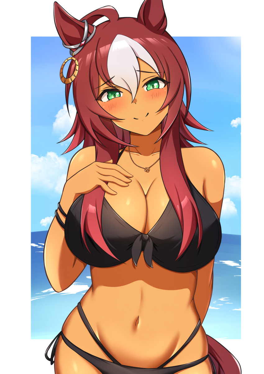 ahoge alternate_costume animal_ears aqua_eyes arn7 bare_shoulders bikini blush border bracelet breasts cleavage commentary_request cowboy_shot dark-skinned_female dark_skin darley_arabian_(umamusume) ear_ornament female front-tie_bikini_top front-tie_top hair_between_eyes highres horse_ears horse_girl horse_tail jewelry large_breasts long_hair looking_at_viewer multicolored_hair navel necklace outside_border red_hair side-tie_bikini_bottom sidelocks smile stomach streaked_hair swimsuit tail umamusume white_border white_hair