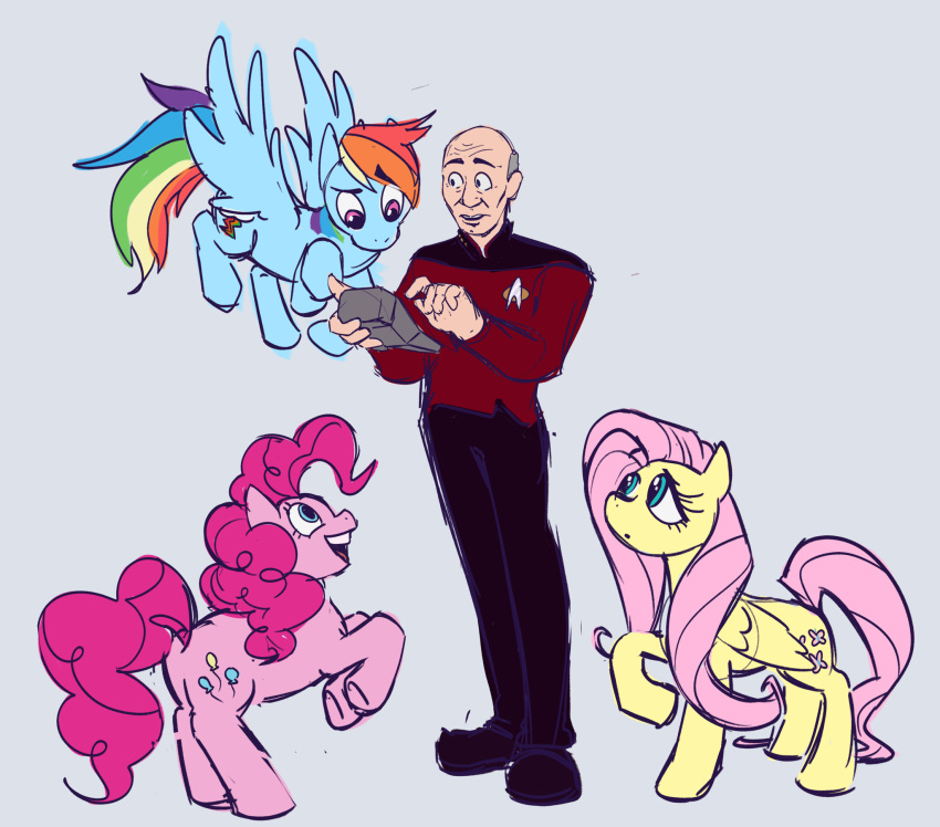 bald clothed clothing crossover equid equine female fluttershy_(mlp) flying friendship_is_magic grey_background group hasbro hi_res holding_object horse human jean-luc_picard looking_at_another looking_at_object male mammal my_little_pony mythological_creature mythological_equine mythology open_mouth pegasus pinkie_pie_(mlp) pony rainbow_dash_(mlp) simple_background standing star_trek star_trek_the_next_generation starfleet_uniform upper_teeth wings wizardguy1993