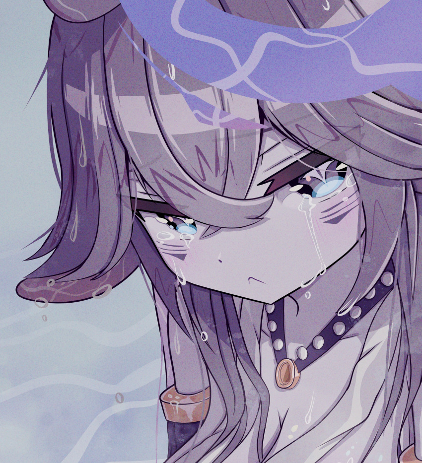 :< absurdres animal_ears blue_eyes breasts cleavage close-up closed_mouth collarbone colored_skin crossed_bangs crying crying_with_eyes_open facial_mark female grey_skin hair_between_eyes highres indie_virtual_youtuber jewelry megalodon_(vtuber) multicolored_eyes necklace nix_zero purple_eyes shark_girl solo symbol-shaped_pupils tears virtual_youtuber wet wet_hair