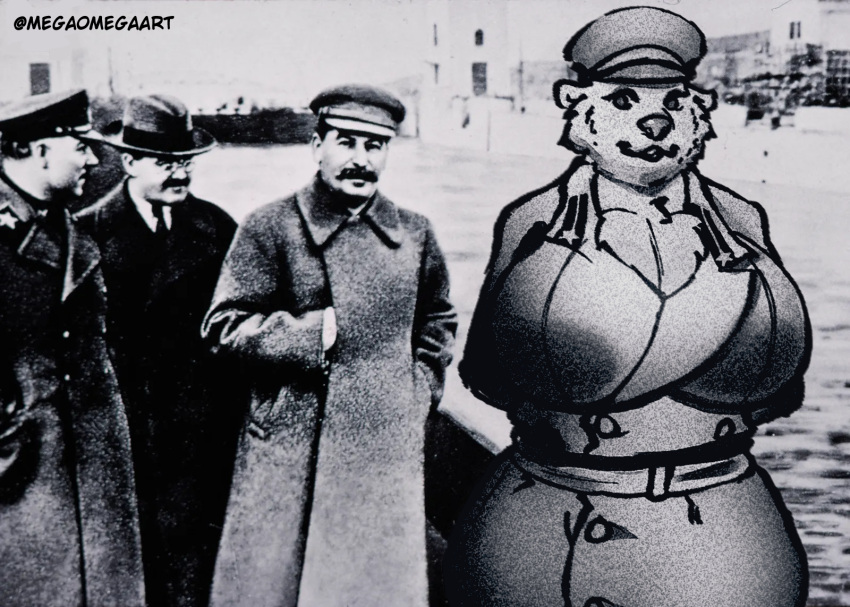 anthro bear big_breasts black_and_white breasts clothed clothing female fur group hi_res looking_at_viewer mammal megaomega monochrome russian smile soviet_union