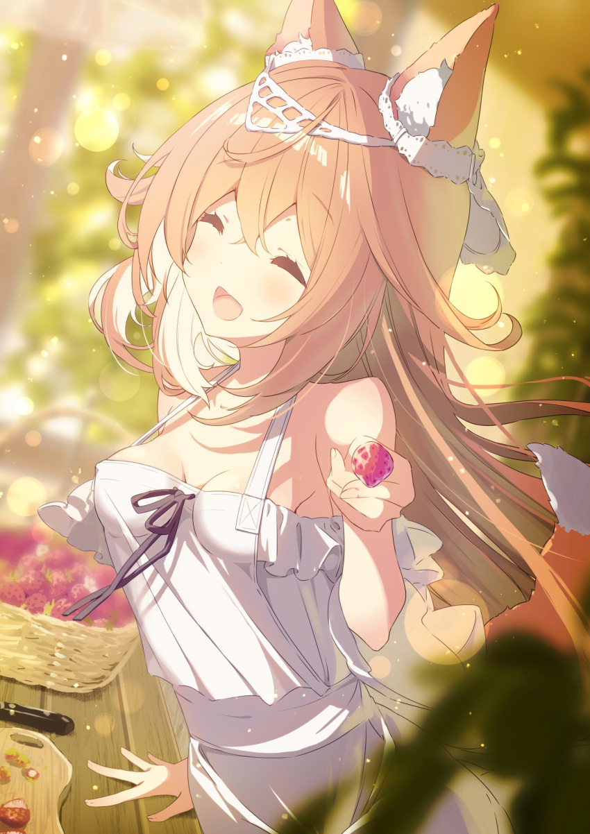 :d ^_^ animal_ear_fluff animal_ears arm_support bare_shoulders basket black_ribbon blurry blurry_background blurry_foreground blush breasts brown_hair closed_eyes commentary_request cutting_board depth_of_field facing_viewer female food fruit hair_between_eyes highres holding holding_food knife long_hair medium_breasts milia_leclerc mofu-mofu_after_school mofumofu_channel neck_ribbon off-shoulder_shirt off_shoulder p19 ribbon shirt skirt smile solo strawberry tail very_long_hair virtual_youtuber white_skirt