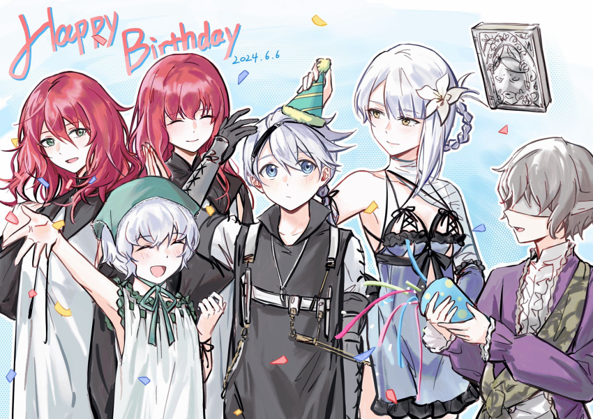 2boys 4girls aqua_hat bandages black_gloves black_shirt blindfold blue_eyes blush book brother_and_sister center_frills closed_eyes closed_mouth confetti dated devola dress emil_(nier) floating floating_object flower frills gloves green_eyes grey_hair grimoire_weiss hair_between_eyes hair_flower hair_ornament happy_birthday hat highres ikooto111 kaine_(nier) lingerie lolicon multiple_boys multiple_girls nier nier_(brother) nier_(series) open_mouth party_hat popola profile red_hair shirt short_hair siblings sisters sleeveless sleeveless_dress smile twins underwear white_dress white_flower white_hair yellow_eyes