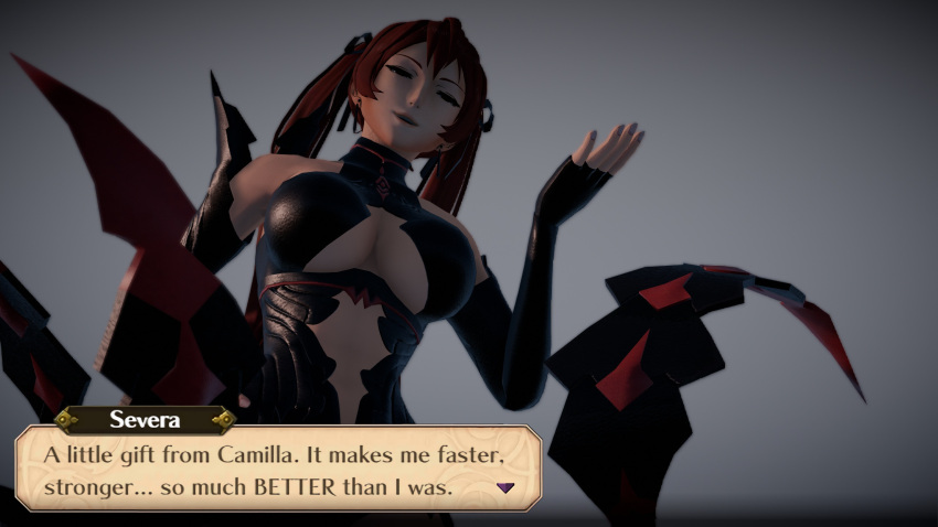 2girls 3d alternate_costume breasts brown_eyes cleavage corruption cosplay dark_fantasy elbow_gloves english_text exaltedbrand female female_only fingerless_gloves fire_emblem fire_emblem:_three_houses fire_emblem_awakening fire_emblem_fates from_below gloves goth goth_girl goth_slut gothic kronya_(fire_emblem)_(cosplay) long_hair looking_at_viewer looking_down lucina_(fire_emblem) medium_breasts mind_control multiple_girls nintendo open_mouth red_hair revealing_clothes selena_(fire_emblem_fates) severa_(fire_emblem) smile text twintails yandere yuri