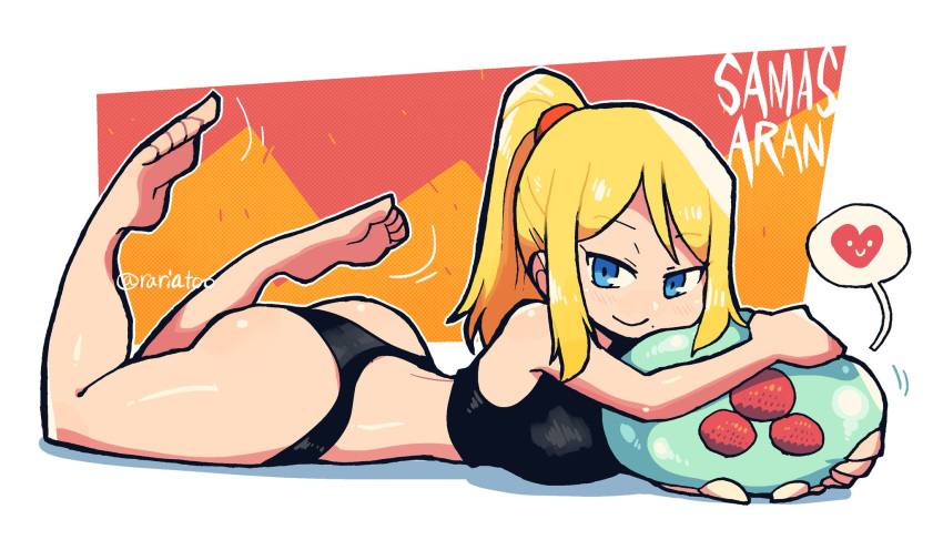 black_bikini blonde_hair blue_eyes crap-man female gym_clothes heart looking_at_viewer lying_on_breasts lying_on_stomach metroid metroid_(creature) ponytail rariatto_(ganguri) safe_for_work samus_aran sfw smile smiling smiling_at_viewer speech_bubble sports_bikini