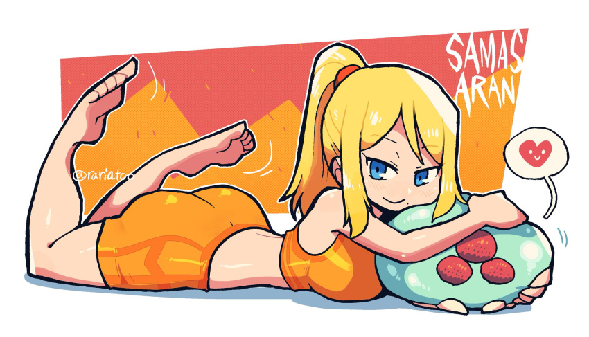 2021 alternate_version_at_source alternate_version_available blonde_hair blue_eyes casual_outfit_(metroid) crap-man gym_clothes heart looking_at_viewer lying_on_breasts lying_on_stomach metroid metroid_(creature) nintendo ponytail samus_aran smile smiling smiling_at_viewer speech_bubble