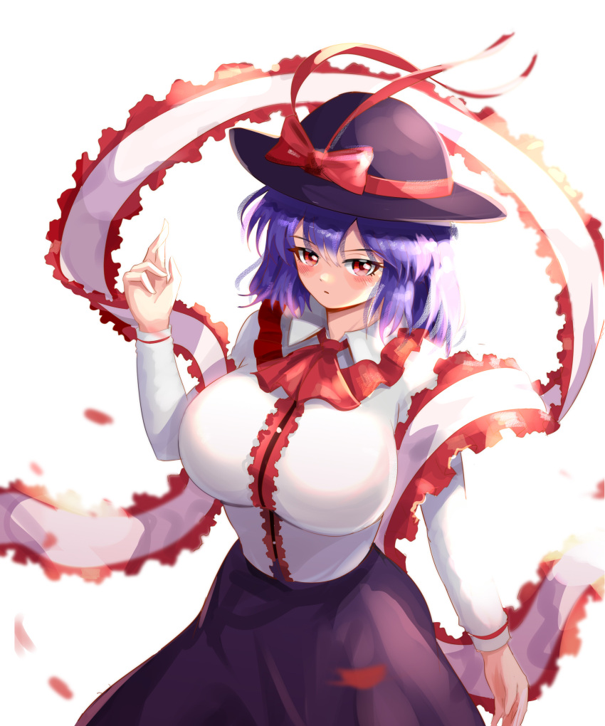 absurdres black_hat black_skirt blush bow breasts capelet edz_drawz frilled_capelet frilled_shawl frilled_shirt_collar frills hagoromo hat hat_bow hat_ribbon highres large_breasts long_sleeves looking_at_viewer nagae_iku purple_hair red_eyes ribbon shawl shirt simple_background skirt touhou white_background white_shirt