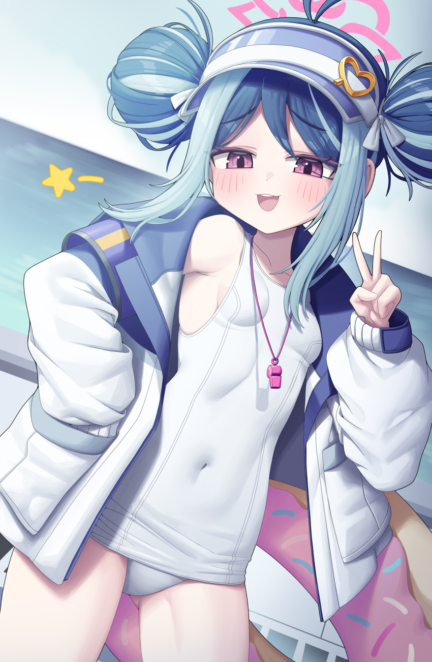 antenna_hair blue_archive blue_hair blush breasts covered_navel cowboy_shot double_bun female fubuki_(blue_archive) fubuki_(swimsuit)_(blue_archive) grey_hair hair_bun halo highres jacket long_sleeves looking_at_viewer metaljelly multicolored_hair official_alternate_costume one-piece_swimsuit open_clothes open_jacket open_mouth pink_halo red_eyes school_swimsuit short_hair small_breasts smile solo star_(symbol) swimsuit v whistle whistle_around_neck white_jacket white_one-piece_swimsuit