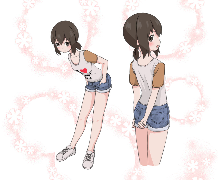 alternate_costume blue_shorts blush brown_eyes brown_hair collarbone commentary_request covering_ass covering_privates cowboy_shot denim denim_shorts doc_pep female from_behind fubuki_(kancolle) full_body hands_in_pockets highres i_heart... kantai_collection looking_at_viewer looking_back low_ponytail medium_hair multiple_views open_mouth orange_sleeves pink_background shirt shoes short_shorts short_sleeves shorts sidelocks sneakers standing t-shirt white_background white_footwear white_shirt