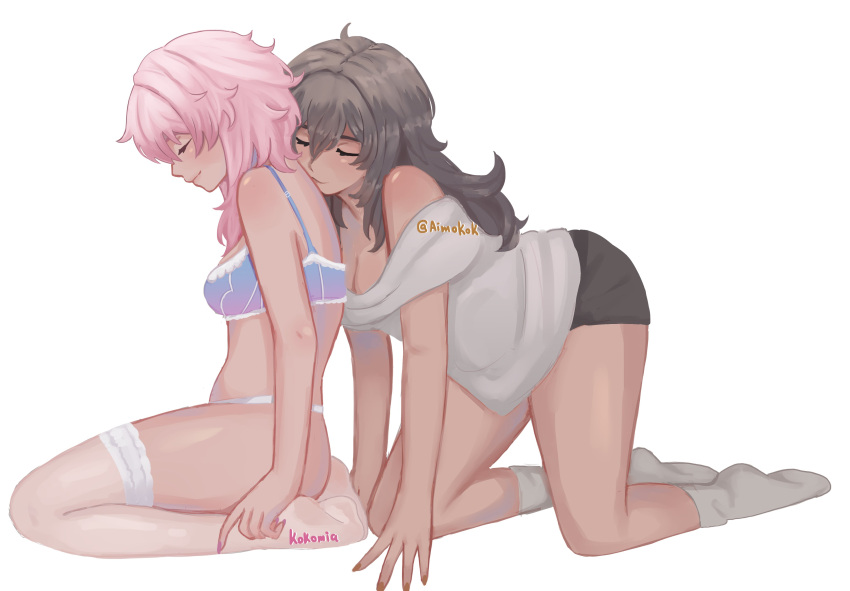 2girls absurdres aimokok all_fours bra breasts cleavage closed_eyes grey_hair highres honkai:_star_rail honkai_(series) kissing kissing_back long_hair march_7th_(honkai:_star_rail) medium_hair multiple_girls off-shoulder_shirt off_shoulder panties pink_hair shirt short_shorts shorts simple_background socks stelle_(honkai:_star_rail) thighhighs trailblazer_(honkai:_star_rail) underwear yuri