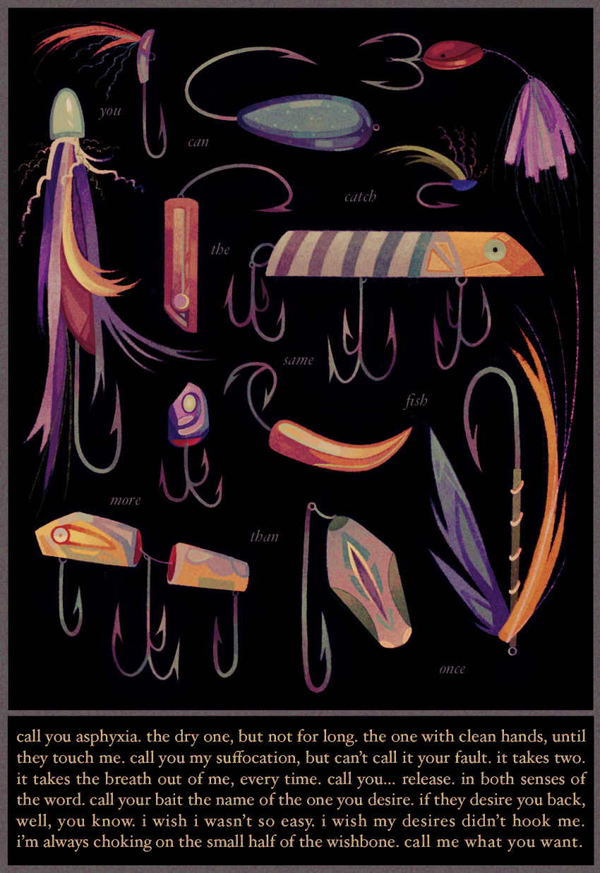 analogous_colors black_background border english_text feathers fishing_hook fishing_lure grey_border highres hook lure no_humans object_focus orange_feathers original purple_feathers purple_theme quezify text_focus yellow_text