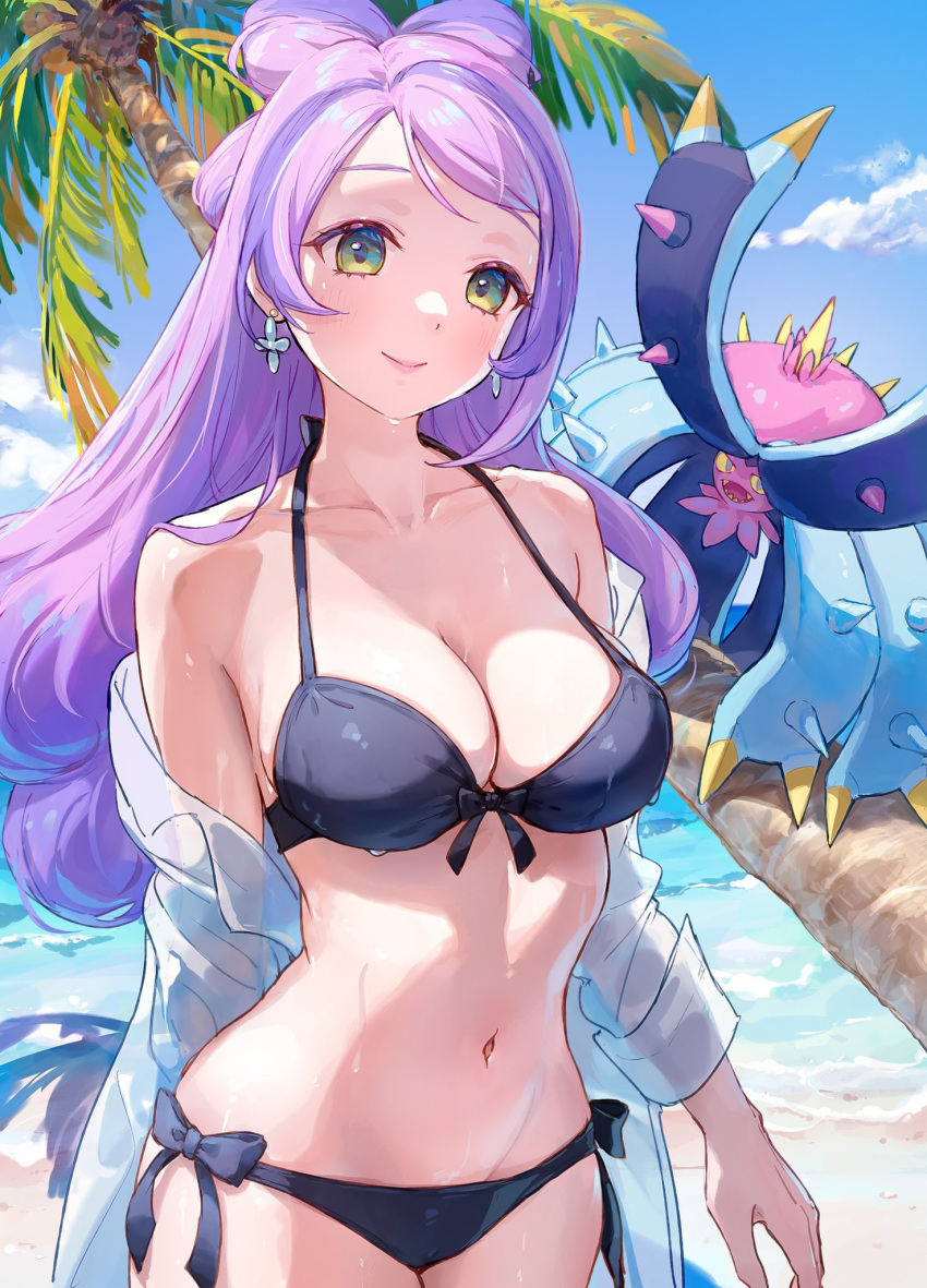 beach bikini black_bikini blue_eyes breasts closed_mouth coat day earrings female flower_earrings green_eyes highres jewelry lab_coat long_hair looking_at_viewer miriam_(pokemon) multicolored_hair ocean off_shoulder open_mouth pink_hair pokemon pokemon_(creature) pokemon_sv purple_hair smile spikes swimsuit teeth toxapex wet wet_clothes yosame0a