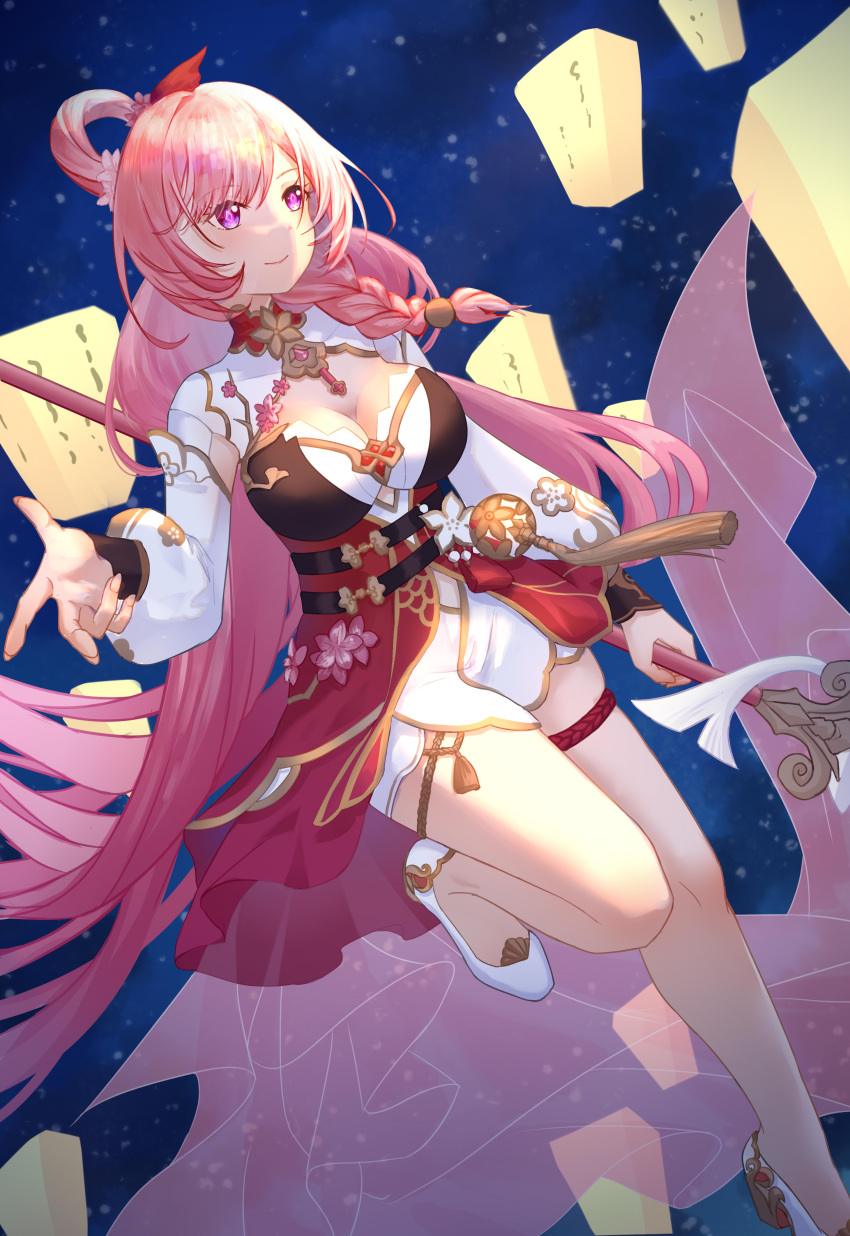 absurdres bare_legs braid breasts cleavage dress elysia_(herrscher_of_human:_ego)_(honkai_impact) elysia_(honkai_impact) elysia_(peachy_spring)_(honkai_impact) female highres holding holding_staff honkai_(series) honkai_impact_3rd lantern large_breasts leg_up long_hair long_sleeves night night_sky pink_eyes pink_hair puffy_long_sleeves puffy_sleeves red_dress single_braid sky smile staff very_long_hair white_footwear yichuanxue