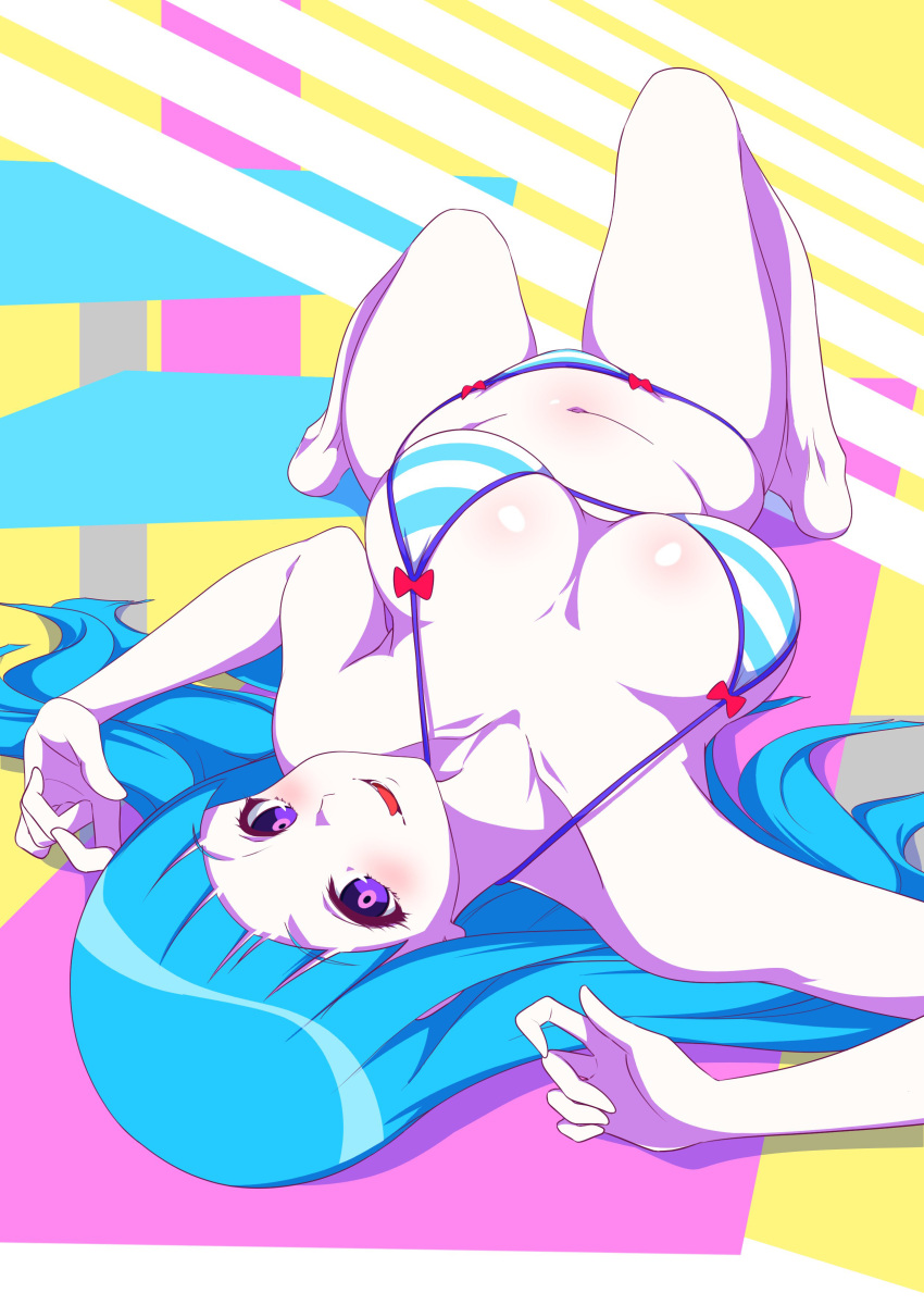 :q absurdres bare_arms bare_legs barefoot bikini blue_hair blunt_bangs blush bow bow_bikini breasts cleavage collarbone commentary_request curvy downblouse eyelashes foreshortening full_body hair_spread_out halterneck hands_up highres japan_animator_expo knees_up large_breasts long_hair looking_at_viewer lying me!me!me! meme_(me!me!me!) multicolored_background naughty_face navel nishizuki_shino on_back open_mouth purple_eyes red_bow simple_background smile string_bikini striped_bikini striped_clothes swimsuit teeth thighs tongue tongue_out upside-down