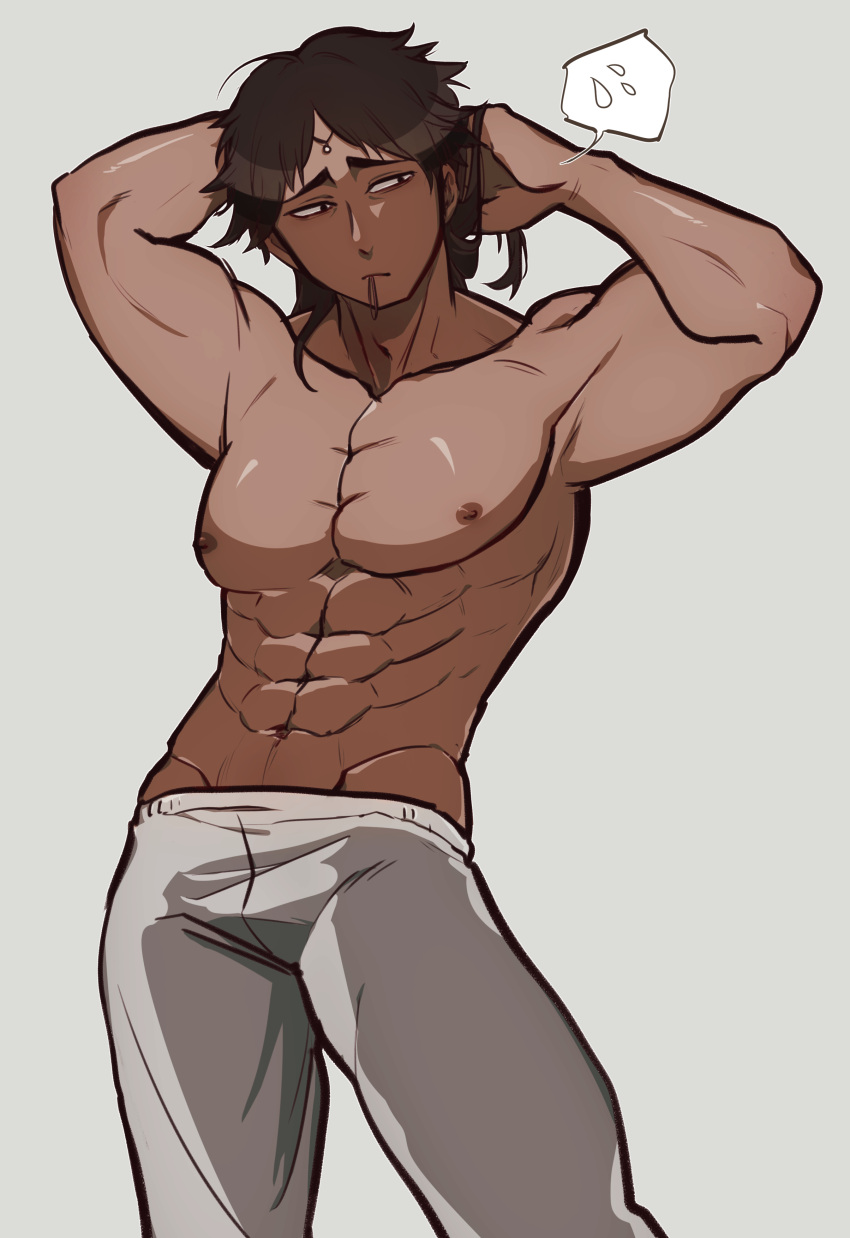 abs adonis_belt arms_up big_pecs brown_hair circlet dark-skinned_male dark_skin dekaithaimilk gaolang_wongsawat kengan_(series) kengan_ashura long_hair long_hair_male male male_only muscular muscular_male pecs solo sweatpants topless topless_male tying_hair