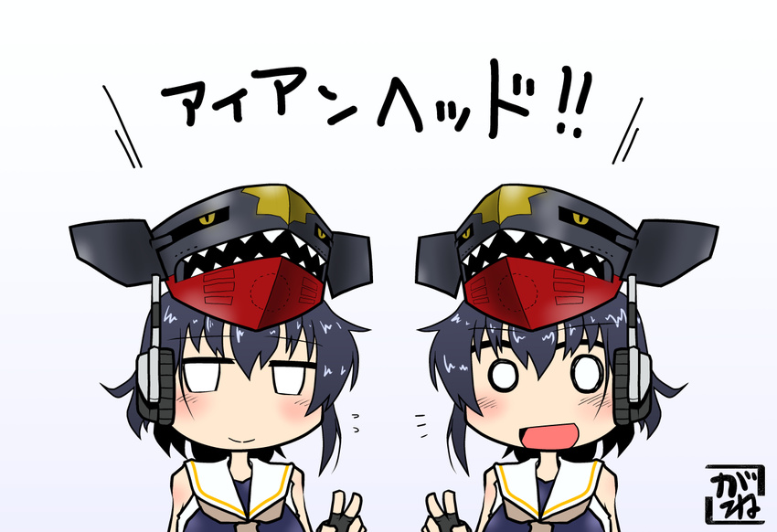 2girls :d ^^^ alternate_eye_color alternate_headwear artist_name asymmetrical_hair bare_shoulders black_gloves black_hair blue_one-piece_swimsuit blush breast_cutout chibi closed_mouth commentary_request cosplay fingerless_gloves flying_sweatdrops garchomp garchomp_(cosplay) gloves gradient_background grey_neckerchief hair_between_eyes hat headphones i-13_(kancolle) i-14_(kancolle) kantai_collection kogane_(tranzaku) look-alike looking_at_viewer multiple_girls neckerchief one-piece_swimsuit open_mouth pokemon pokemon_dppt pun sailor_collar sailor_shirt school_swimsuit sharp_teeth shirt short_hair simple_background sleeveless sleeveless_shirt smile swimsuit teeth tongue translated upper_body v white_background white_eyes white_sailor_collar white_shirt