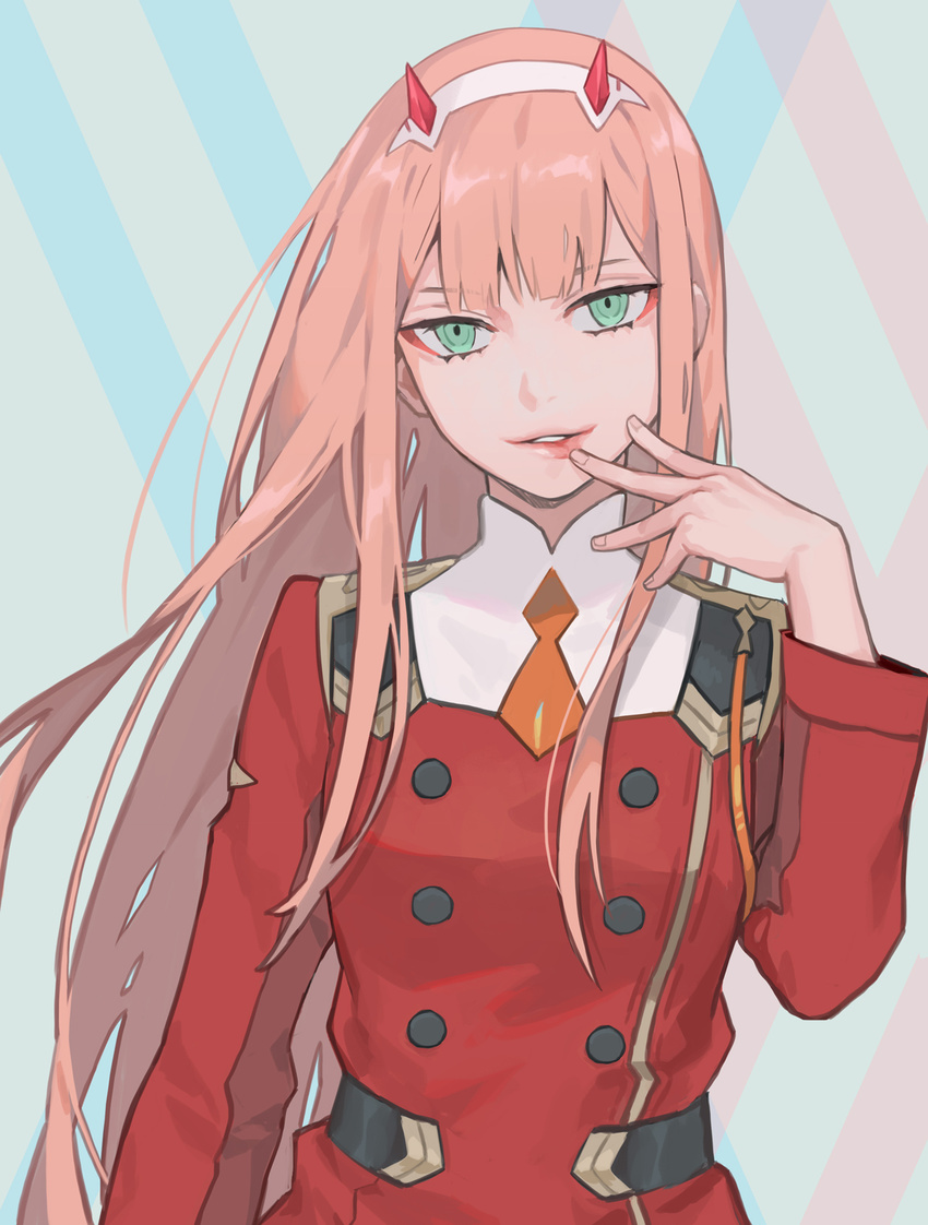 8c aqua_eyes arm_at_side bad_id bad_pixiv_id buttons coat darling_in_the_franxx double-breasted eyeshadow female finger_to_mouth hairband hand_up highres horns lips long_hair long_sleeves looking_at_viewer makeup military military_uniform multicolored_background parted_lips photoshop_(medium) pink_hair red_coat seductive_smile smile solo straight_hair uniform upper_body white_hairband zero_two_(darling_in_the_franxx)