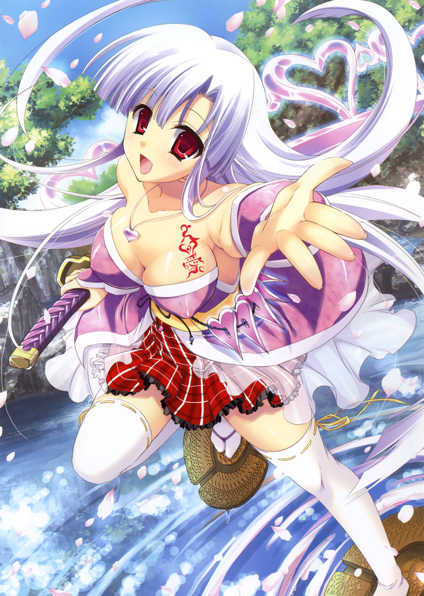 :d absurdres blush breasts cherry_blossoms cleavage copyright_request day female grey_hair heart highres japanese_clothes katana kimono large_breasts leg_up legs looking_at_viewer misakura_nankotsu open_mouth outdoors pond red_eyes rock smile solo splashing standing sword tareme thighhighs water weapon white_thighhighs