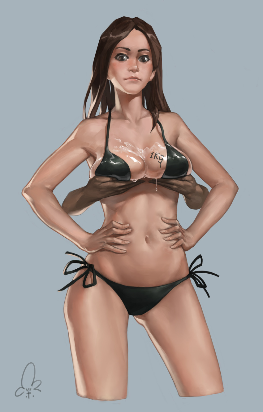 absurdres ass_visible_through_thighs bad_id bad_pixiv_id bikini breast_lift breasts brown_eyes brown_hair chen_zhang collarbone disembodied_hand female grabbing hands_on_own_hips highres lips lotion navel photoshop_(medium) side-tie_bikini_bottom swimsuit