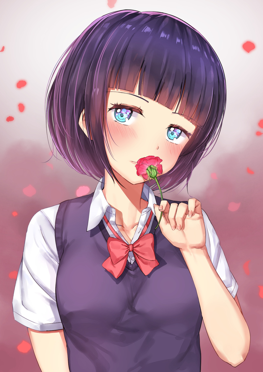 blue_eyes blunt_bangs blurry blurry_background blush bob_cut bow bowtie commentary depth_of_field female fingernails flower hachinatsu head_tilt highres holding holding_flower kuzu_no_honkai looking_at_viewer petals red_bow red_bowtie school_uniform short_hair short_sleeves smelling solo sweater_vest upper_body wing_collar yasuraoka_hanabi