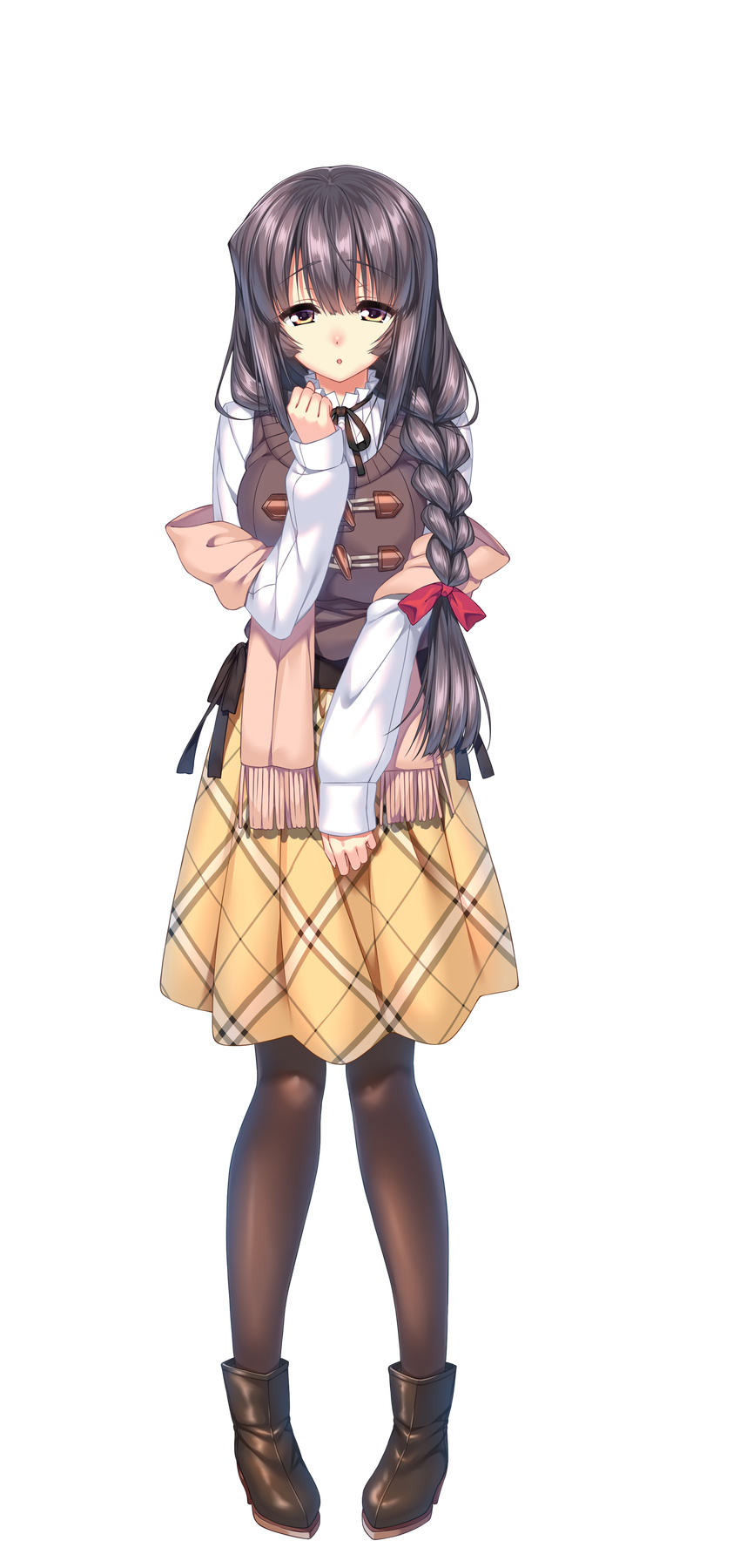 :o absurdres amakano_~second_season~ bad_link boots braid brown_hair brown_pantyhose female full_body hair_over_shoulder highres long_hair long_sleeves looking_at_viewer official_art pantyhose pigeon-toed piromizu plaid plaid_skirt scarf skirt solo takayashiro_yuzuka transparent_background yellow_eyes