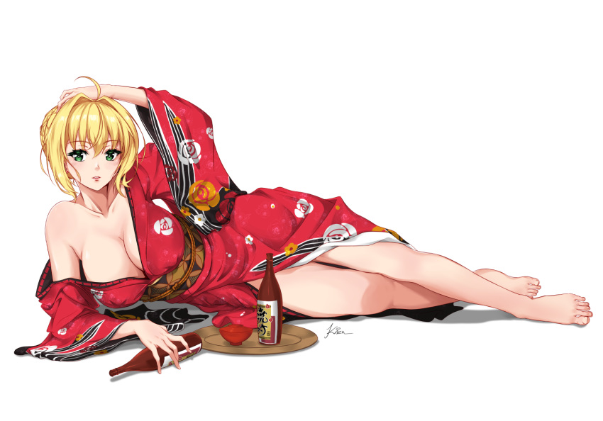 ahoge barefoot blonde_hair braid breasts commentary commission covered_nipples fate/extra fate/grand_order fate_(series) female french_braid green_eyes hand_on_own_head japanese_clothes kimono kizuchi_r large_breasts lying nero_claudius_(fate) nero_claudius_(fate/extra) official_alternate_costume on_side sash short_hair signature simple_background solo white_background