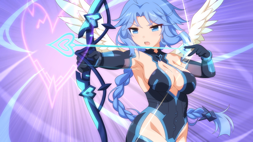 blue_eyes blue_hair bow breasts cleavage game_cg long_hair wanaca white winged_cloud wings