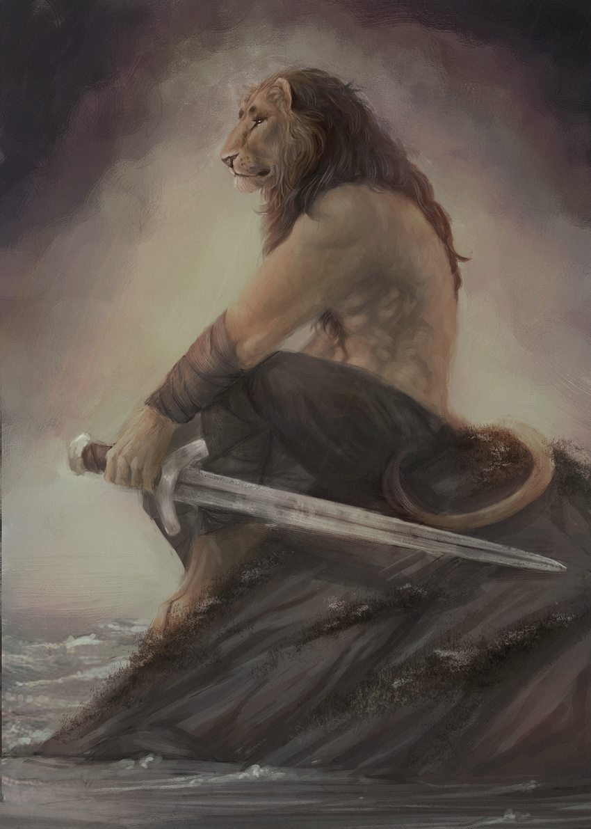 anthro bandage biped bottomwear clothed clothing cloud felid hi_res holding_object lion male mammal mane melee_weapon overcast pantherine pants raventenebris rocky_shore sitting sky solo sword topless water weapon