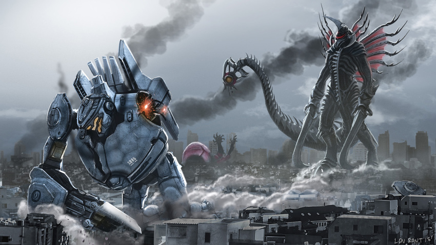 arm_blade arm_support armor building city cityscape cloud commentary creature crimson_typhoon crossover cyborg damaged english_commentary extra_arms gigan godzilla_(series) grey_sky horns jaeger_(pacific_rim) kaijuu kneeling ldn-rdnt mecha mechanical_arms military military_vehicle monster no_humans outdoors pacific_rim photoshop_(medium) red_eyes robot ruins science_fiction sky skyline smoke sparks spikes standing striker_eureka tail weapon