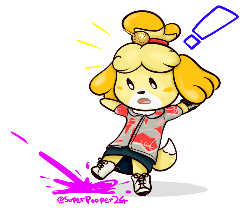 alpha_channel animal_crossing anthro blush canid canine canis clothed clothing domestic_dog dress exclamation_point female front_view fully_clothed fur hair hi_res isabelle_(animal_crossing) mammal nintendo shih_tzu solo splatoon supersoupnova toy_dog