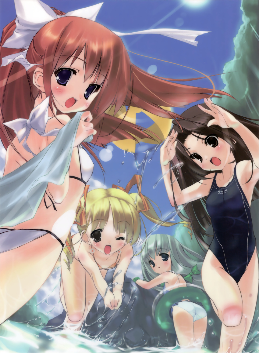 4girls absurdres bikini black_eyes black_hair blonde_hair brown_eyes competition_swimsuit green_hair highres innertube long_hair multiple_girls ocean one-piece_swimsuit one_eye_closed original ponytail purple_eyes red_hair smile splashing swimsuit twintails urotan water wink