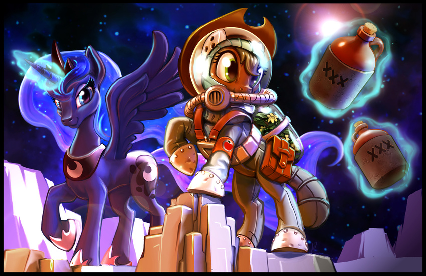 2017 alicorn applejack_(mlp) bottle container detailed_background duo equid equine female feral friendship_is_magic harwick hasbro hi_res horn mammal moonshine my_little_pony mythological_creature mythological_equine mythology princess_luna_(mlp) spacesuit star wings xxx