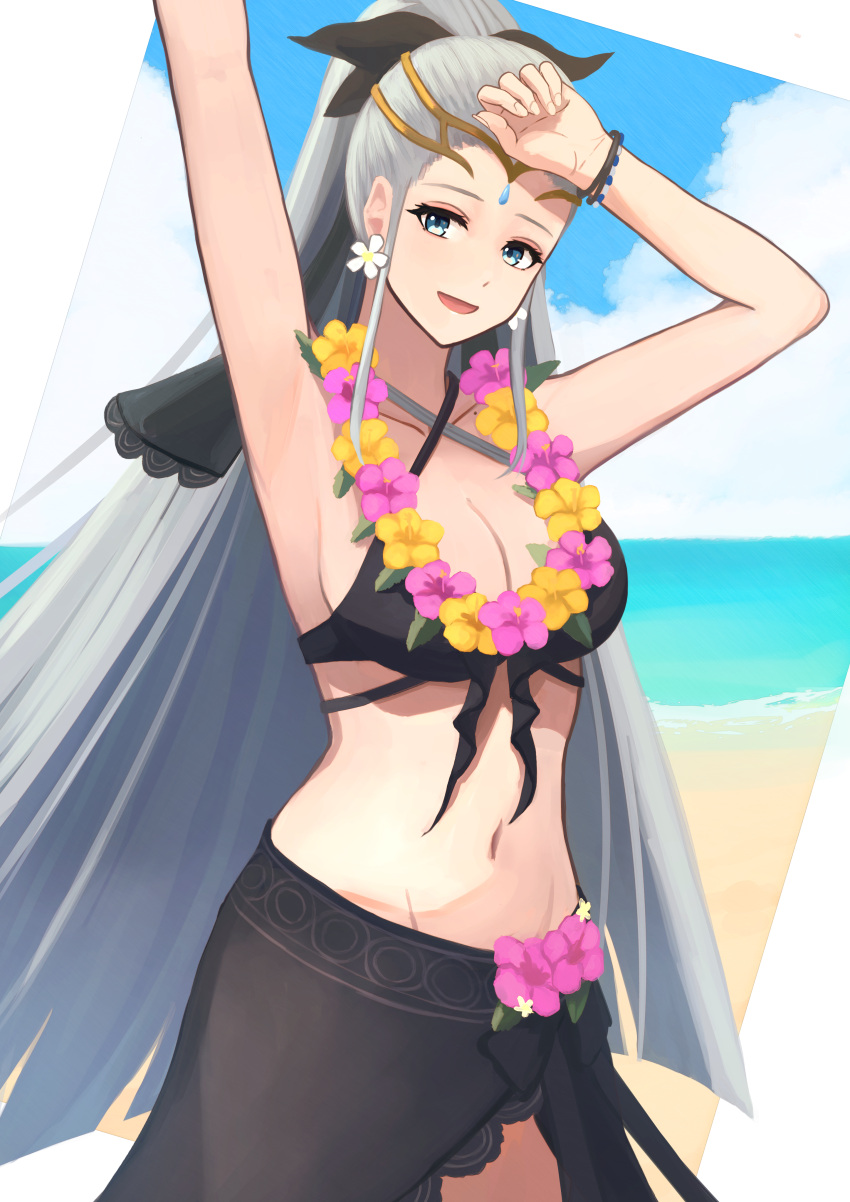 absurdres armpits beach bikini bikini_skirt black_bikini black_sarong blue_eyes bow bracelet breasts cleavage collarbone commission commissioner_upload earrings eir_(fire_emblem) eir_(summer)_(fire_emblem) female fire_emblem fire_emblem_heroes flower flower_earrings flower_necklace gold_tiara hairbow highres jewelry labebebe_lee lei long_hair medium_breasts mole navel ocean official_alternate_costume outdoors ponytail sarong sidelocks skeb_commission solo swimsuit white_hair