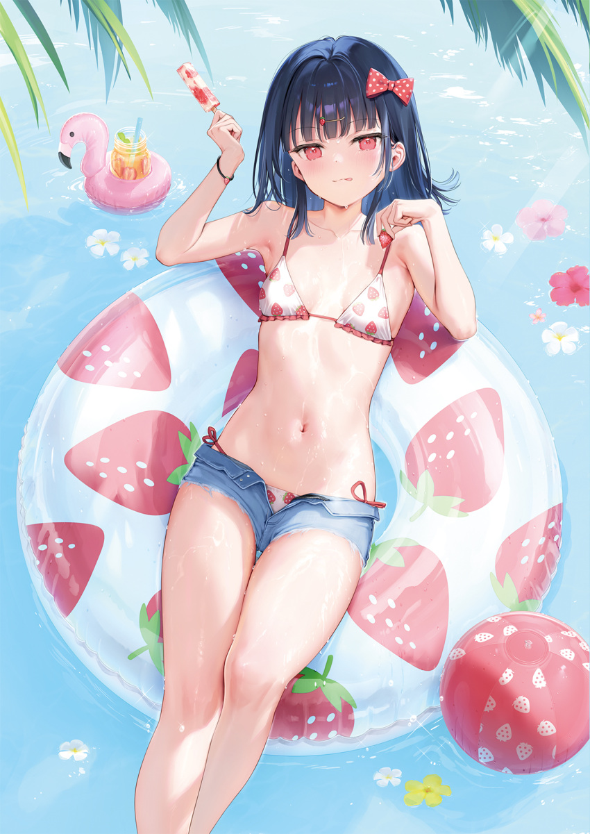 afloat bare_shoulders bikini bikini_under_shorts black_hair blue_shorts blunt_bangs blush bracelet breasts closed_mouth collarbone day denim denim_shorts female food food-themed_clothes food-themed_hair_ornament food_print from_above fruit hair_ornament hair_ribbon hairclip highres holding holding_food holding_popsicle ichigo-chan_(mignon) innertube jewelry licking_lips medium_hair midriff mignon navel navel_focus open_clothes open_fly open_shorts original popsicle popsicle_stick red_eyes ribbon shiny_skin short_shorts shorts side-tie_bikini_bottom small_breasts smile solo stomach strawberry strawberry_hair_ornament strawberry_print swim_ring swimsuit tongue tongue_out water wet wet_clothes white_bikini