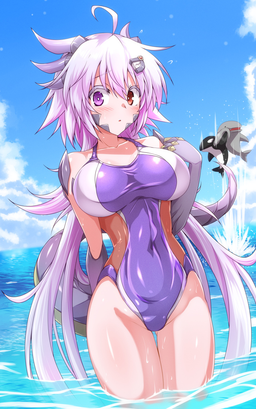 absurdres ahoge arm_behind_back bare_shoulders blue_sky blush breasts claws cloud collarbone commentary_request covered_navel cowboy_shot crosscounter day dragon_girl dragon_horns dragon_tail female g_(genesis1556) groin hair_between_eyes hand_up heterochromia highres horns large_breasts long_hair looking_at_viewer monster_girl one-piece_swimsuit orca original outdoors parted_lips punching purple_eyes purple_hair purple_one-piece_swimsuit rara_(g_(genesis1556)) red_eyes scales shark sidelocks skindentation sky solo_focus standing swimsuit tail thigh_gap very_long_hair wading