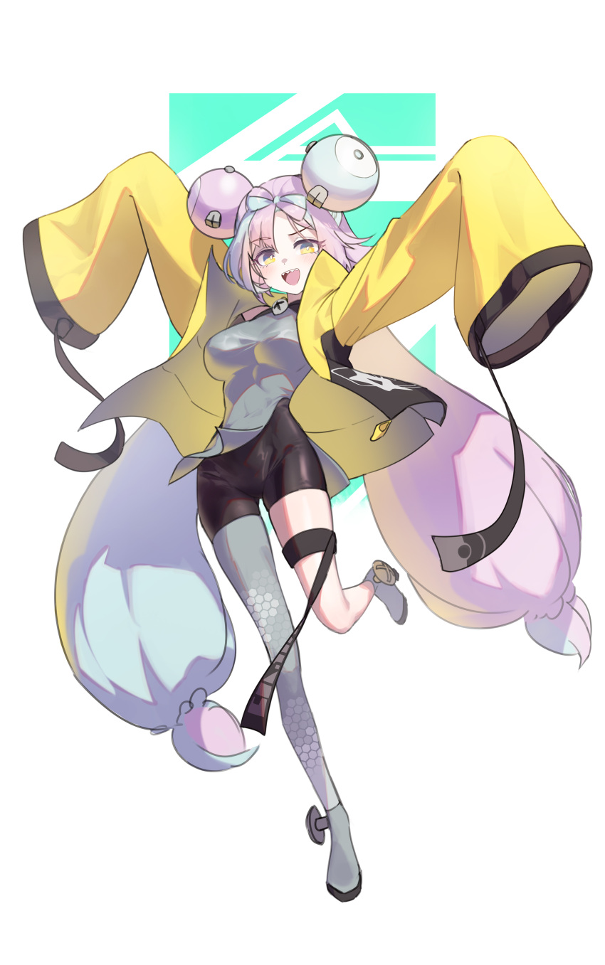 :d absurdres arms_up bike_shorts blue_hair blush boots bow-shaped_hair breasts female full_body grey_footwear grey_pantyhose grey_shirt highres iono_(pokemon) jacket large_breasts leg_up light_blue_hair long_hair looking_at_viewer multicolored_hair off_shoulder open_clothes open_jacket open_mouth pantyhose pink_hair pokemon pokemon_sv sharp_teeth shirt single_leg_pantyhose smile solo star_(symbol) star_print sushispin teeth thigh_strap twintails two-tone_background two-tone_hair upper_teeth_only very_long_hair very_long_sleeves wide_sleeves yellow_jacket