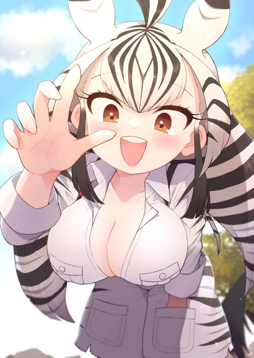 animal_ears animal_print black_hair blush breasts cargo_shorts chapman's_zebra_(kemono_friends) cleavage extra_ears female highres kemono_friends kitsunetsuki_itsuki large_breasts long_hair long_sleeves looking_at_viewer multicolored_hair multiple_girls open_mouth pov reaching reaching_towards_viewer shirt shorts smile solo striped_hair tail two-tone_hair white_hair zebra_ears zebra_girl zebra_print zebra_tail