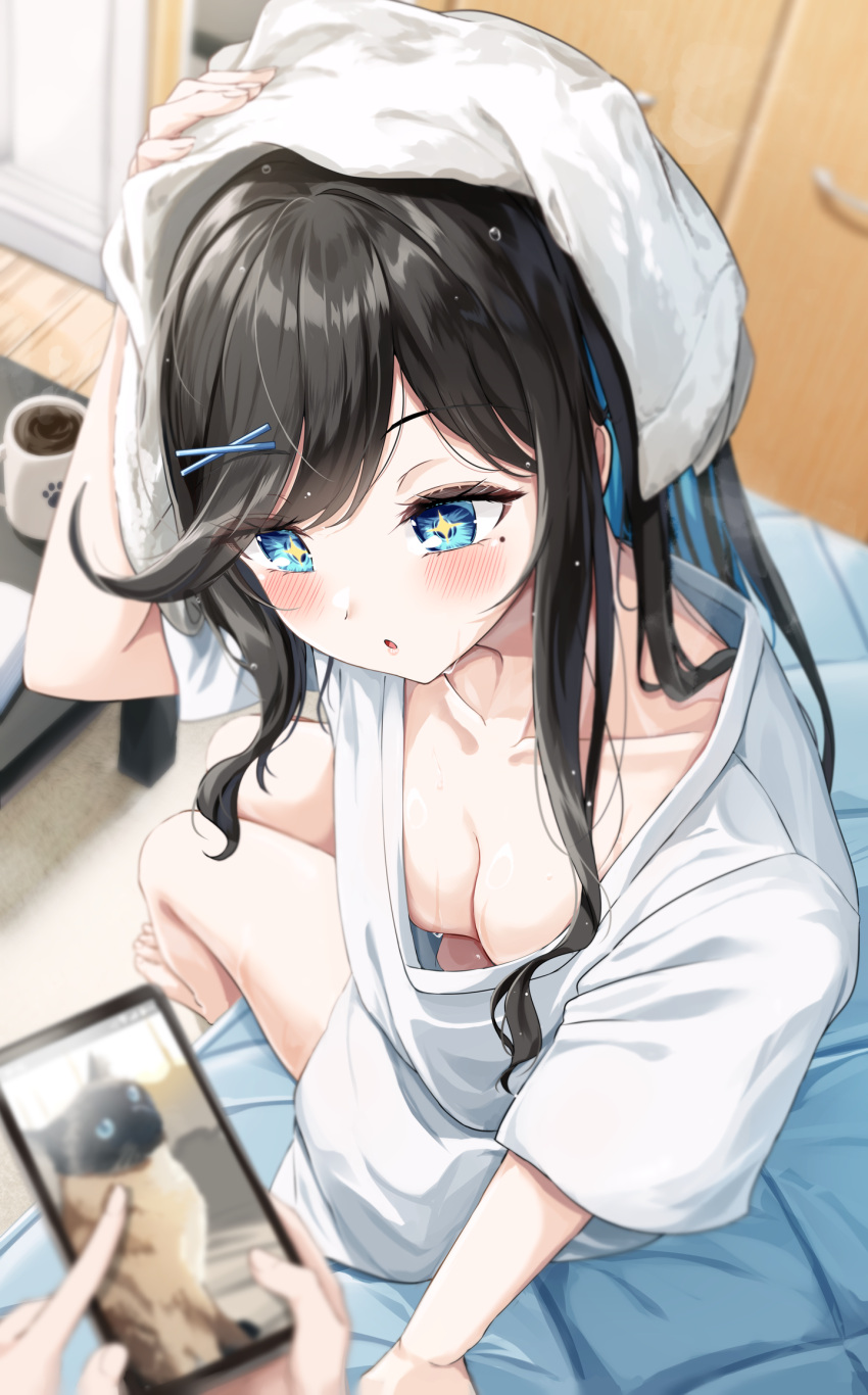 black_hair blue_eyes blush breasts colored_inner_hair female hair_ornament hairclip highres igayan indoors long_hair multicolored_hair open_mouth original pov pov_hands shirt solo solo_focus towel very_long_hair